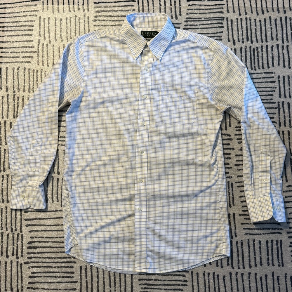 Ralph Lauren Men's White and Blue Checkered Dress Shirt